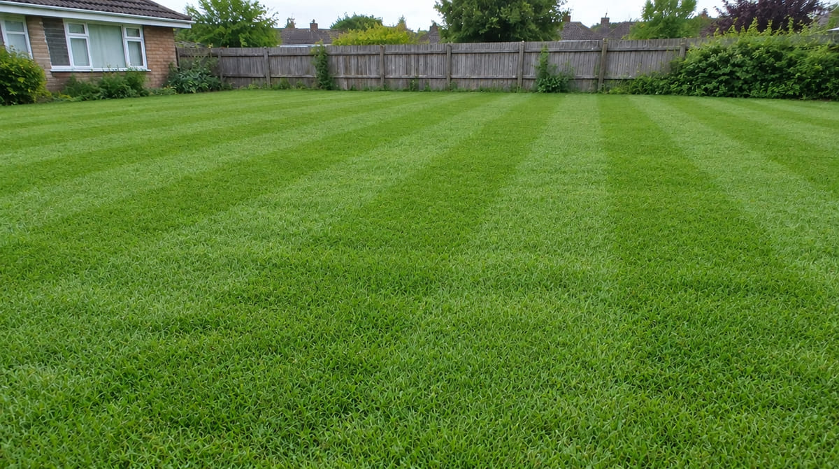 The same lawn after mowing, short and even with clean stripes