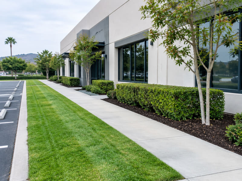 Commercial property frontage with trimmed hedges and a mown grass strip